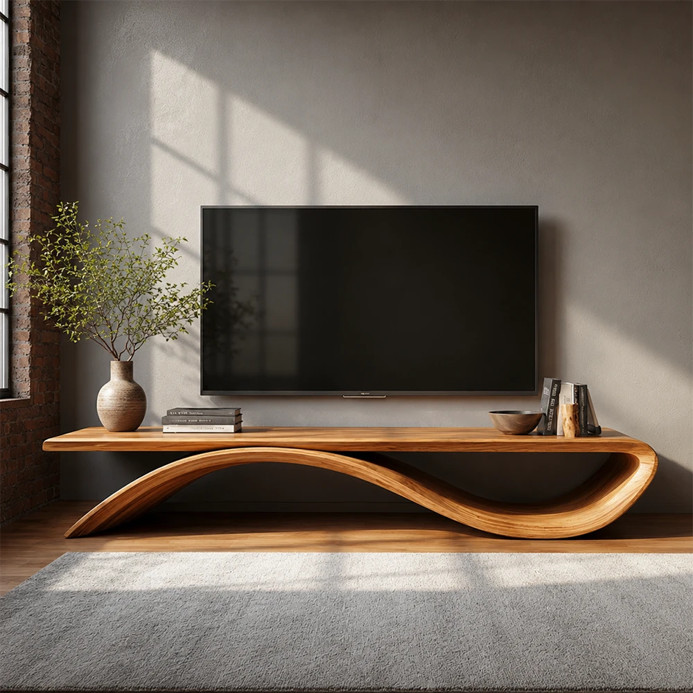 Sculptural Wave Natural Solid Wood TV Stand with Open Base Design