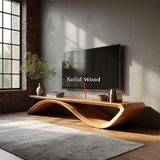 Designer media console with wave base and natural wood texture in sunlit living space