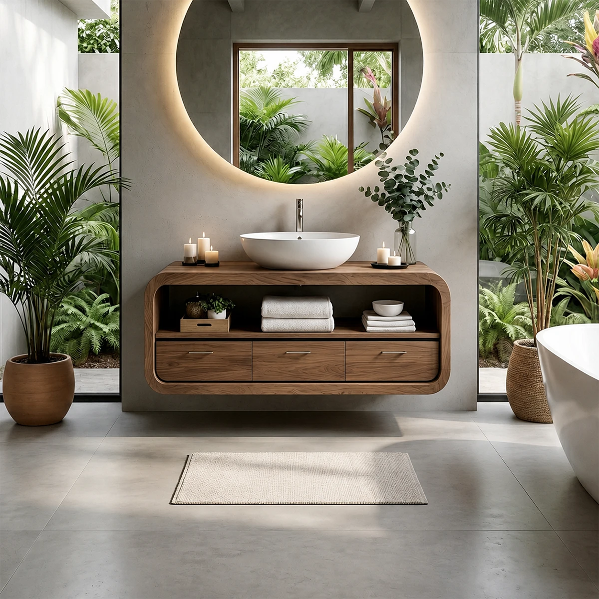 Curved Natural Solid Wood Floating Bathroom Vanity With Drawer Storage - ArborisWood - 13