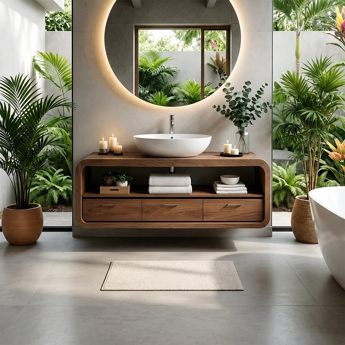 Curved Natural Solid Wood Floating Bathroom Vanity With Drawer Storage - ArborisWood - 14
