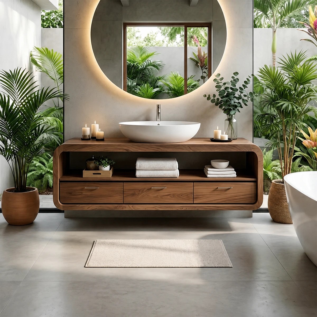 Curved Natural Solid Wood Floating Bathroom Vanity With Drawer Storage - ArborisWood - 15