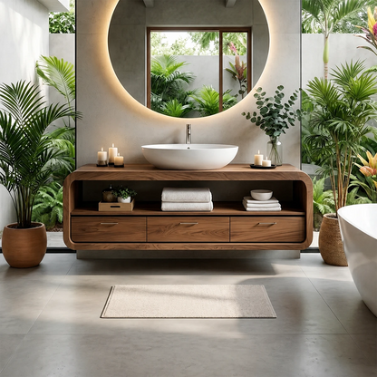 Curved Natural Solid Wood Floating Bathroom Vanity With Drawer Storage - ArborisWood - 15