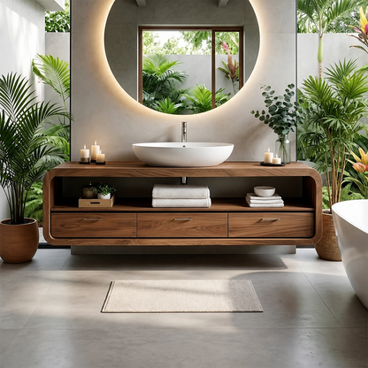 Curved Natural Solid Wood Floating Bathroom Vanity With Drawer Storage - ArborisWood - 16