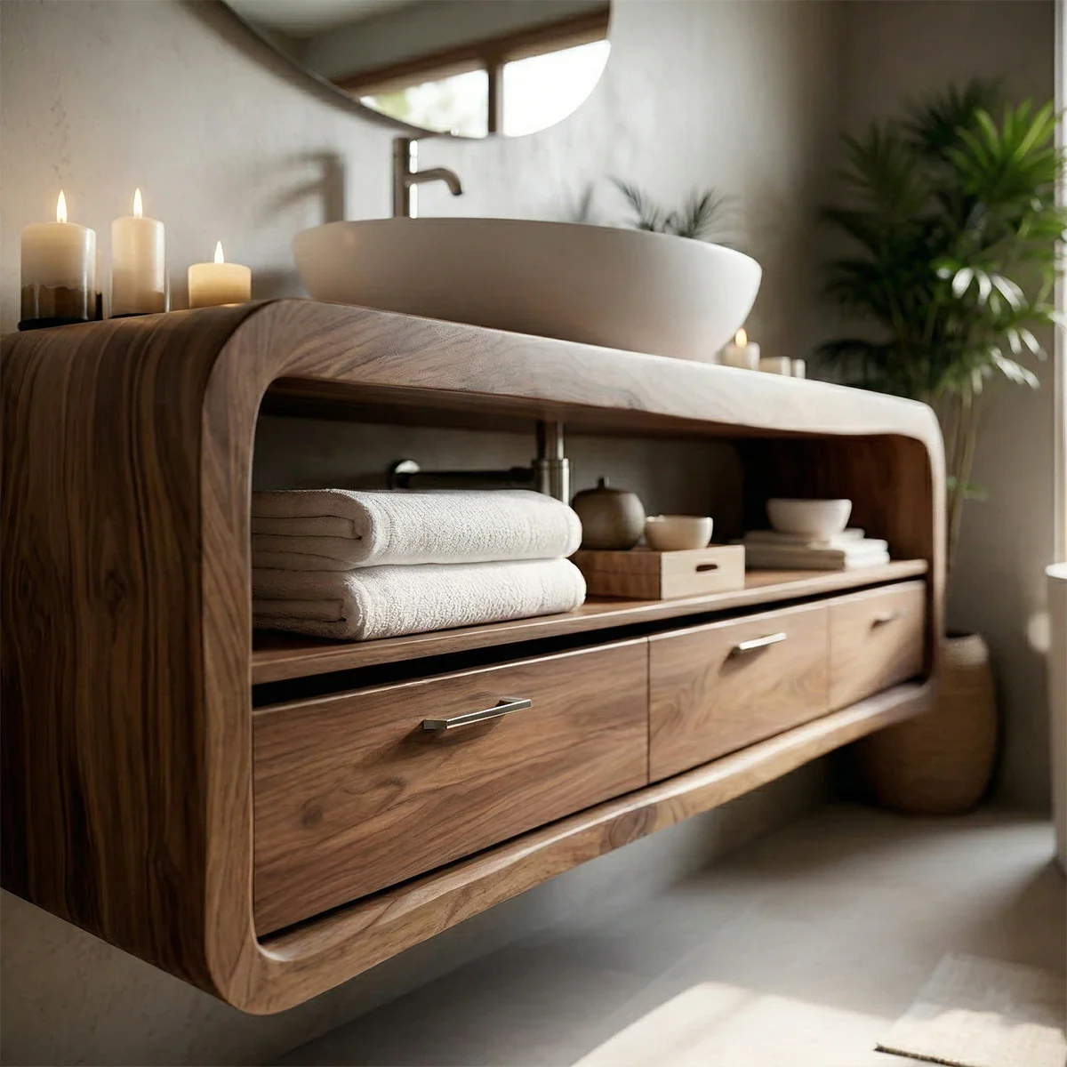 Curved Natural Solid Wood Floating Bathroom Vanity With Drawer Storage - ArborisWood - 4