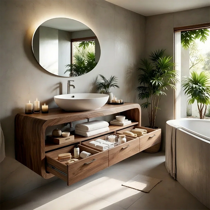 Curved Natural Solid Wood Floating Bathroom Vanity With Drawer Storage - ArborisWood - 7