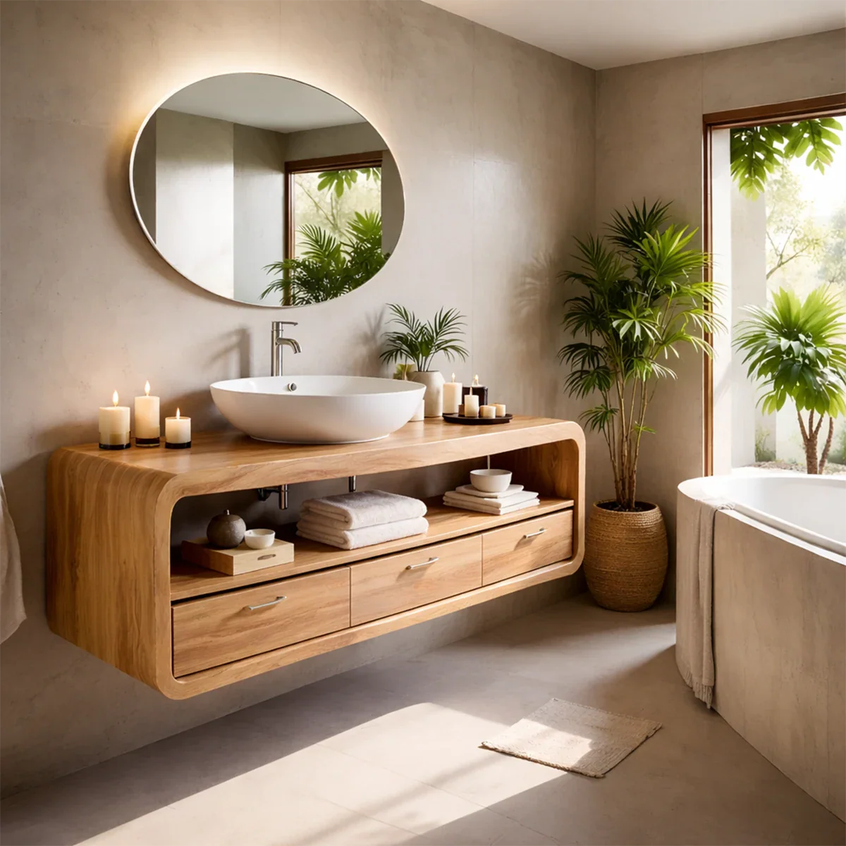 Curved Natural Solid Wood Floating Bathroom Vanity With Drawer Storage - ArborisWood - 9