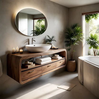 Curved Natural Solid Wood Floating Bathroom Vanity With Drawer Storage - ArborisWood