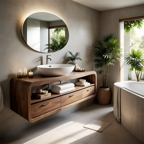 Curved Natural Solid Wood Floating Bathroom Vanity With Drawer Storage - ArborisWood