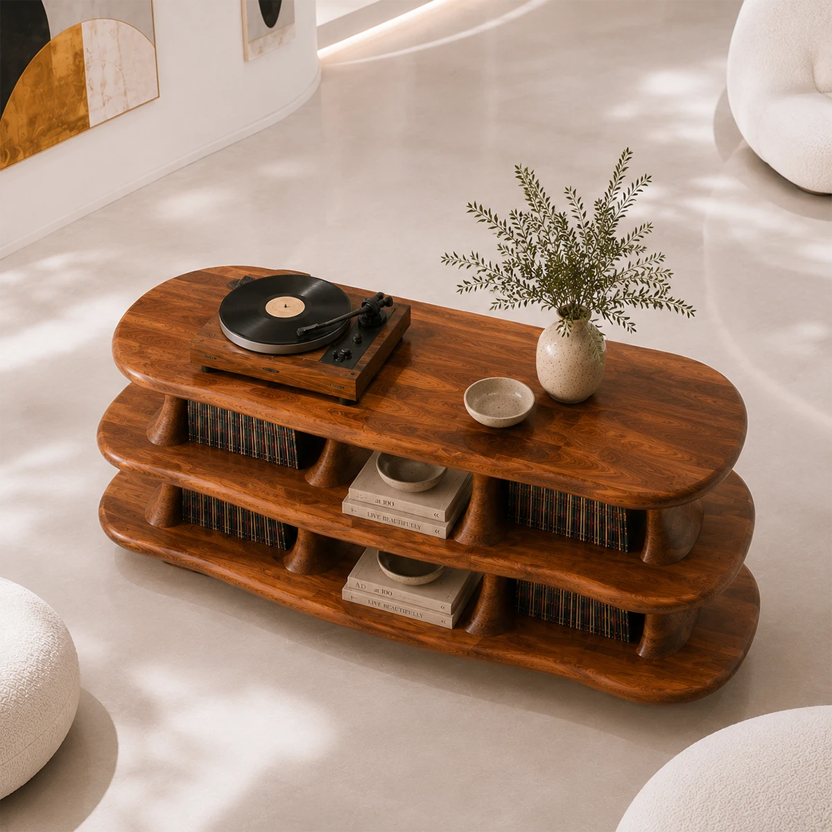 Curved Natural Solid Wood Turntable Stand With Wide Vinyl Storage - ArborisWood - 5