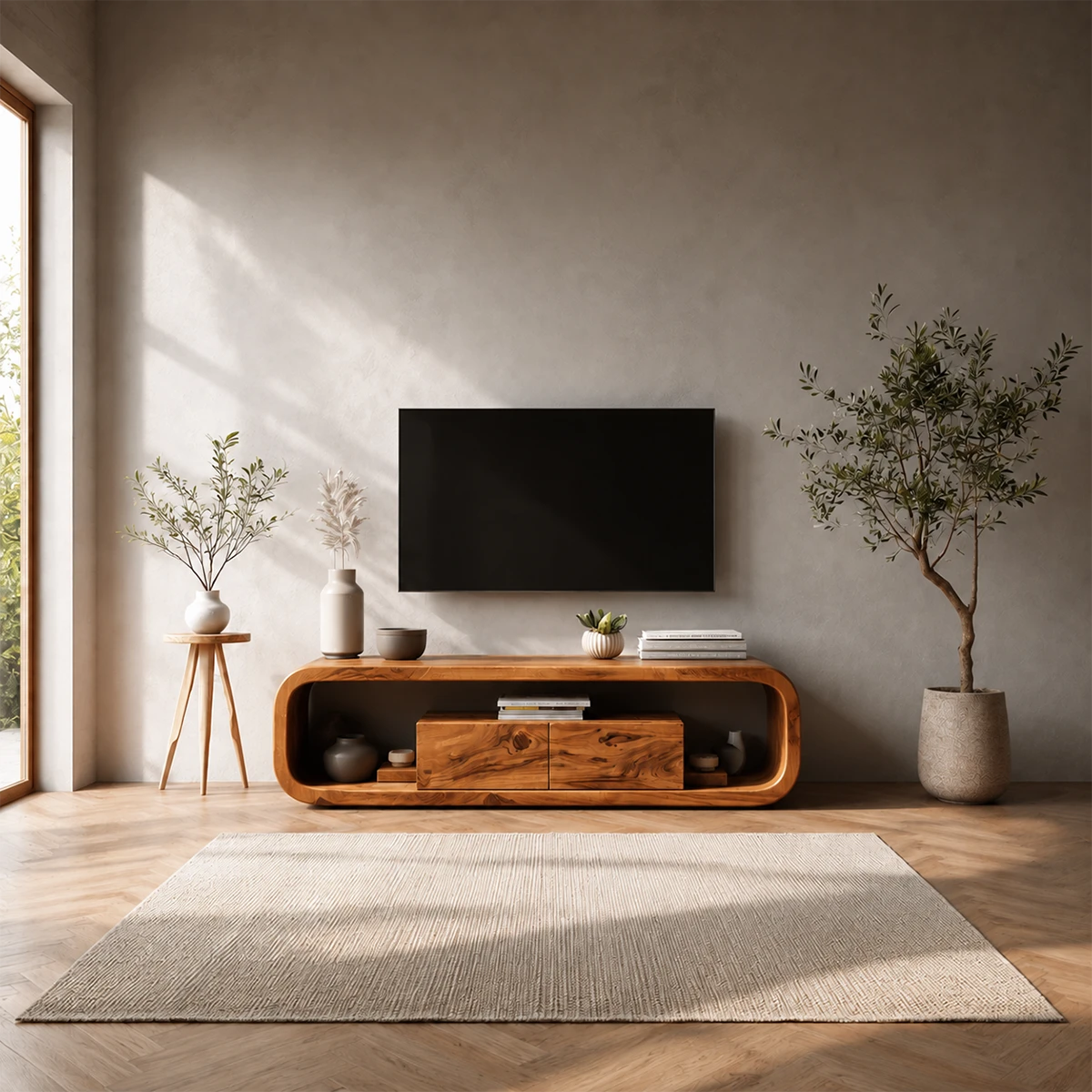 Curved Natural Solid Wood TV Stand with Hidden Storage and Open Shelf - ArborisWood - 13