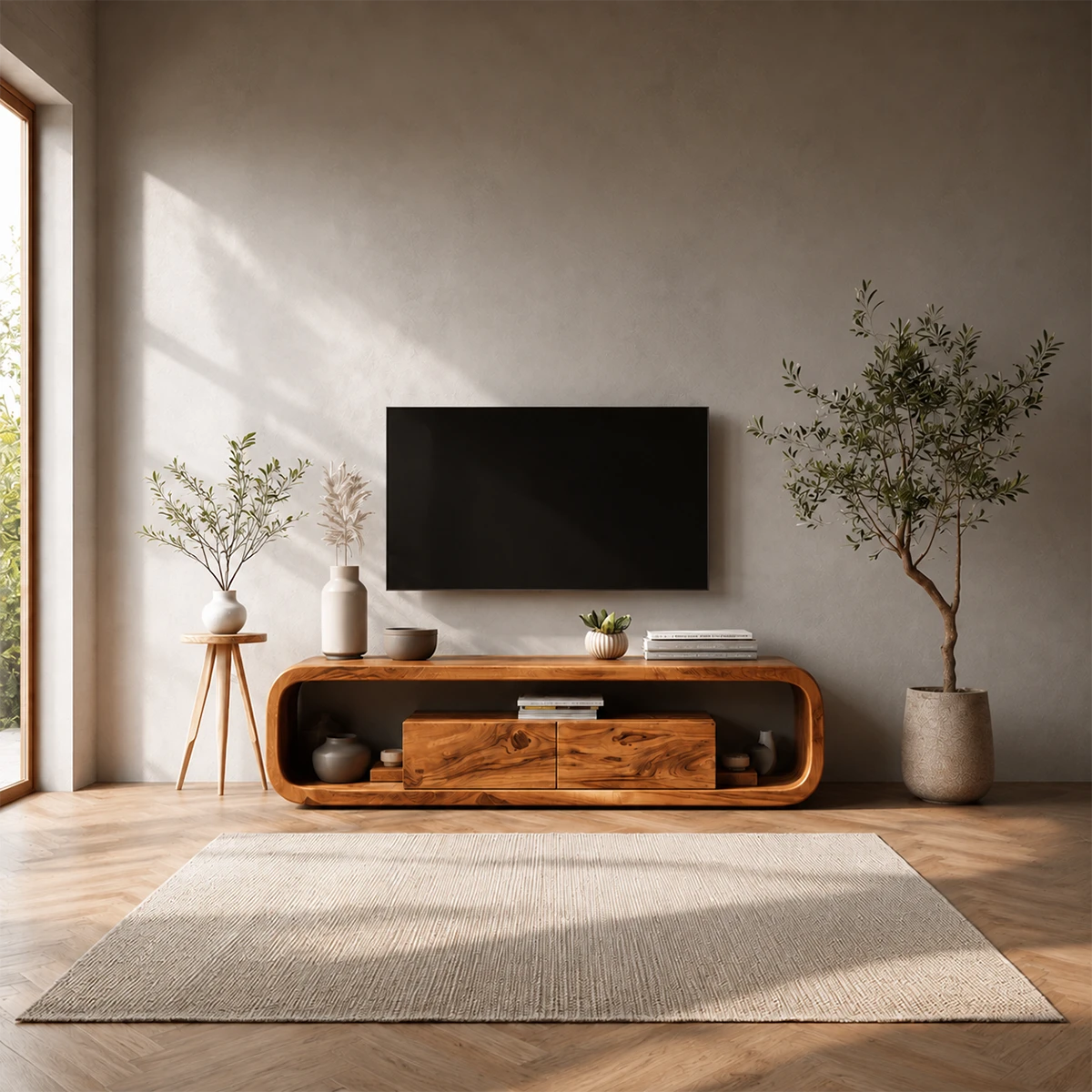 Curved Natural Solid Wood TV Stand with Hidden Storage and Open Shelf - ArborisWood - 14
