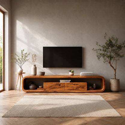 Curved Natural Solid Wood TV Stand with Hidden Storage and Open Shelf - ArborisWood - 15