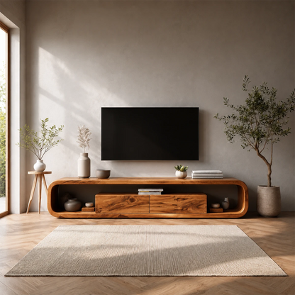 Curved Natural Solid Wood TV Stand with Hidden Storage and Open Shelf - ArborisWood - 16