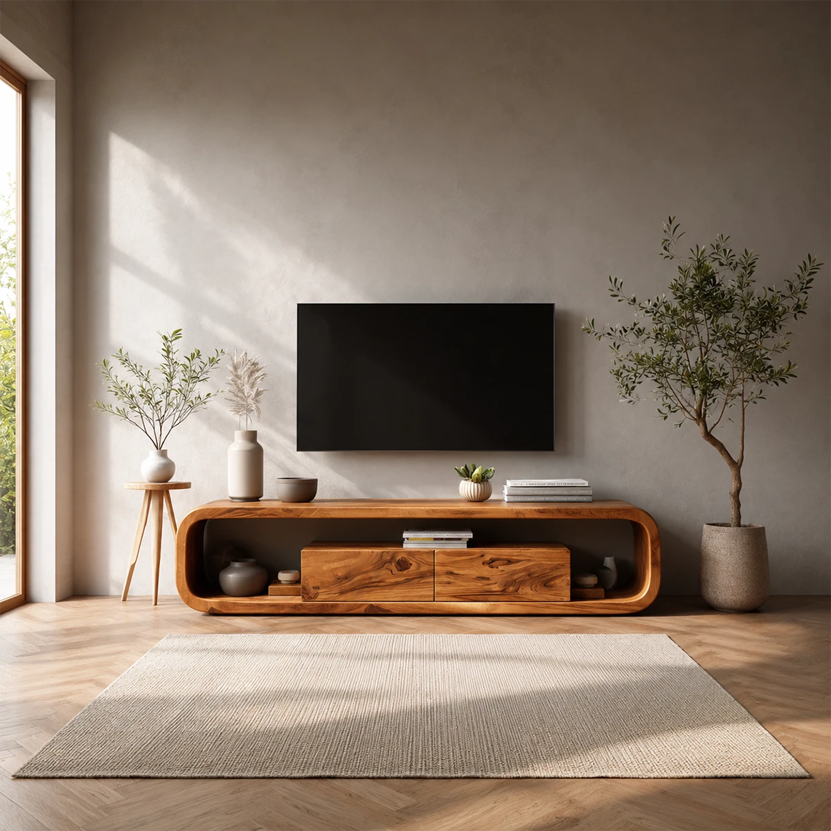 Curved Natural Solid Wood TV Stand with Hidden Storage and Open Shelf - ArborisWood - 2