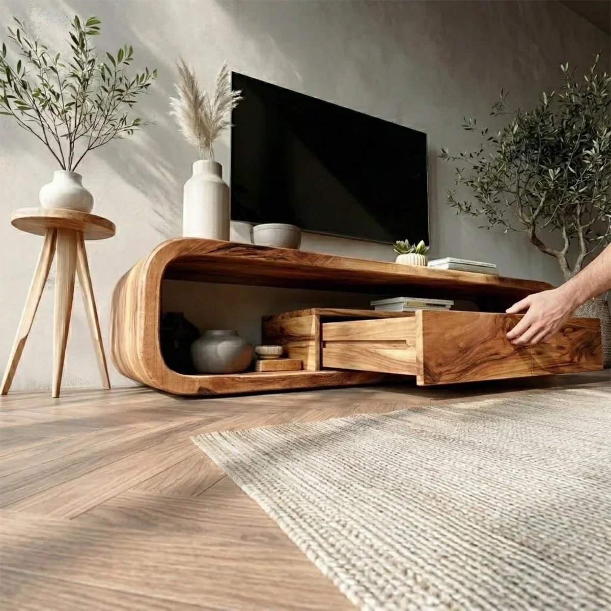 Curved Natural Solid Wood TV Stand with Hidden Storage and Open Shelf - Arboriswood - 4