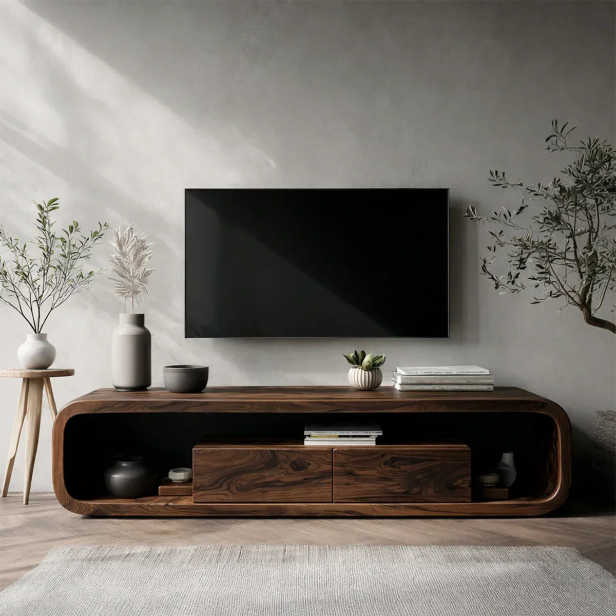 Curved Natural Solid Wood TV Stand with Hidden Storage and Open Shelf - Arboriswood - 8