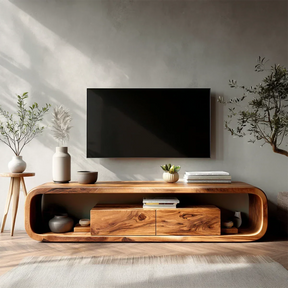Curved Natural Solid Wood TV Stand with Hidden Storage and Open Shelf - Arboriswood