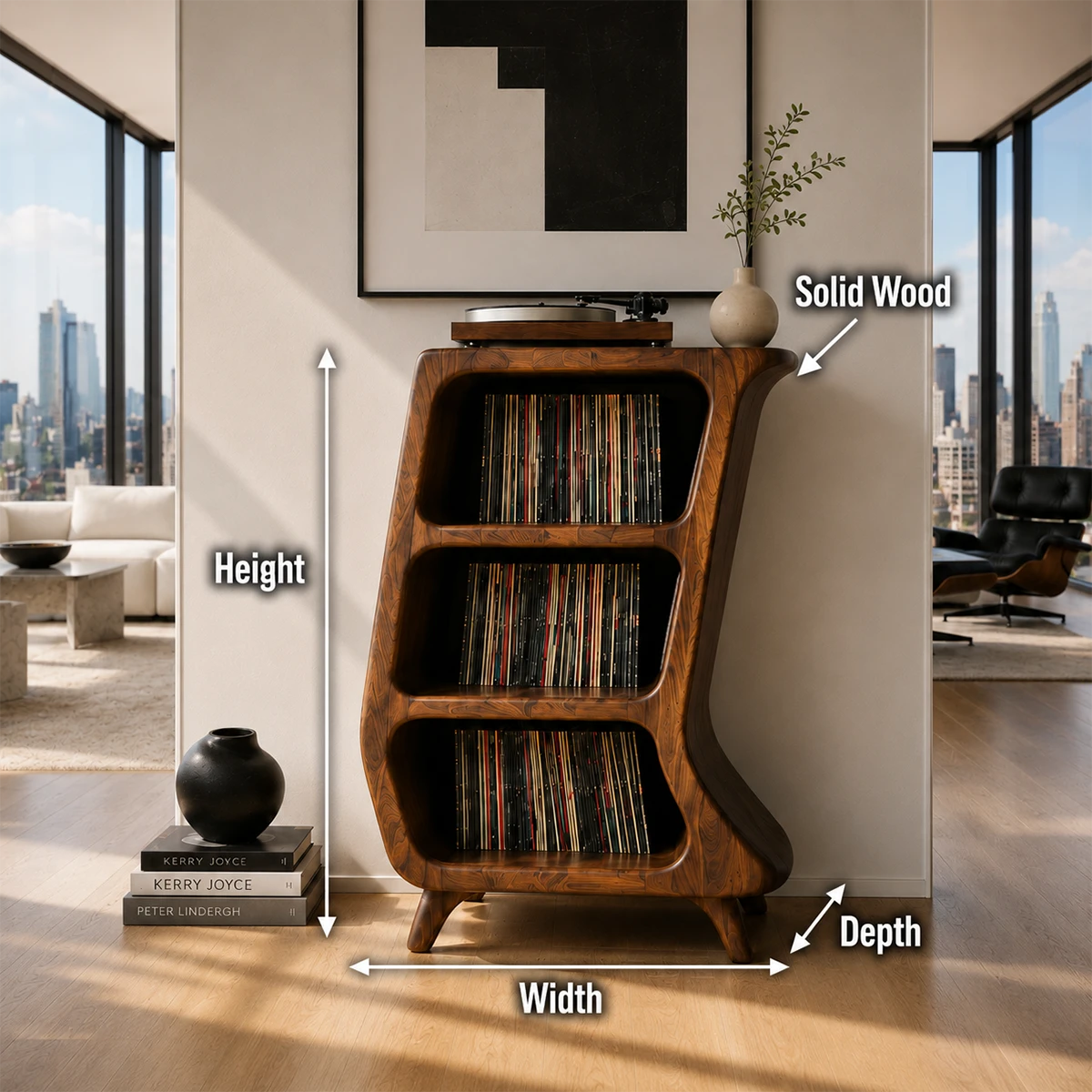 Curved Natural Solid Wood Vinyl Record Stand With Three Open Storage Shelves - ArborisWood - 11