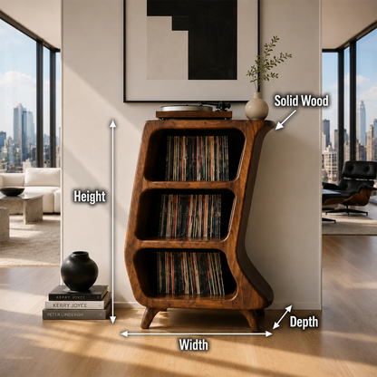 Curved Natural Solid Wood Vinyl Record Stand With Three Open Storage Shelves - ArborisWood - 11