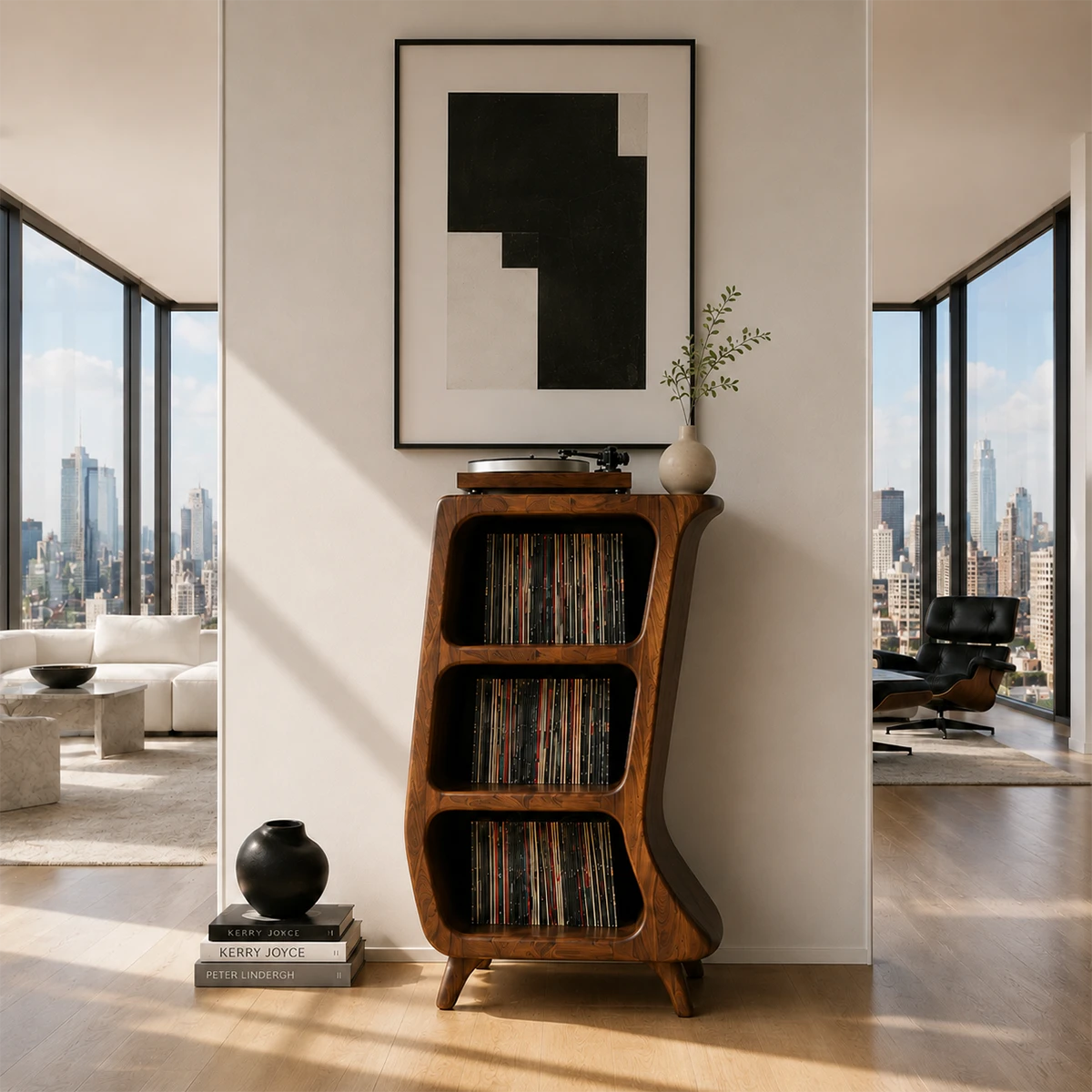 Curved Natural Solid Wood Vinyl Record Stand With Three Open Storage Shelves - ArborisWood - 12