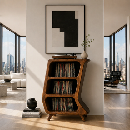 Curved Natural Solid Wood Vinyl Record Stand With Three Open Storage Shelves - ArborisWood - 13