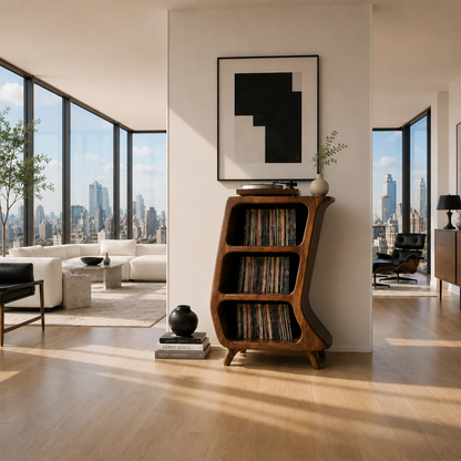 Curved Natural Solid Wood Vinyl Record Stand With Three Open Storage Shelves - ArborisWood - 2