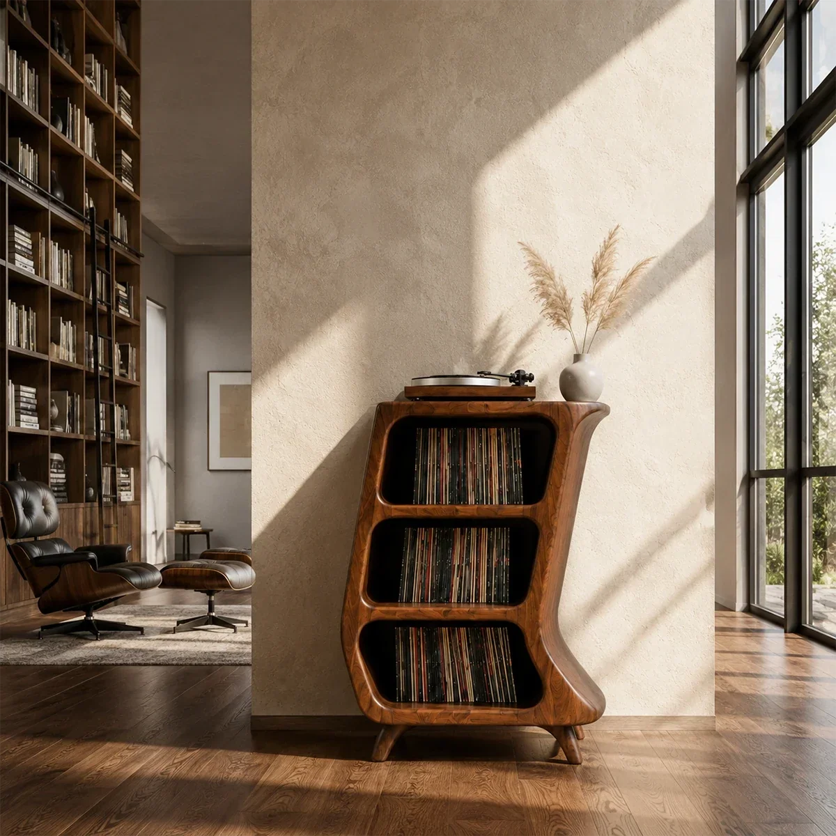 Curved Natural Solid Wood Vinyl Record Stand With Three Open Storage Shelves - Arboriswood - 3