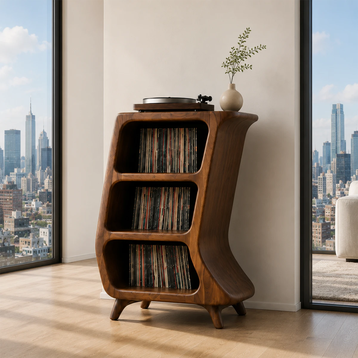 Curved Natural Solid Wood Vinyl Record Stand With Three Open Storage Shelves - ArborisWood - 5