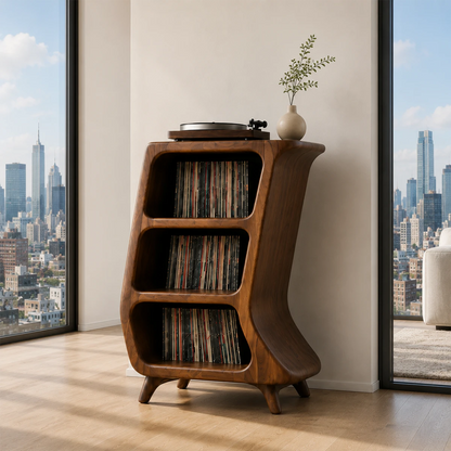 Curved Natural Solid Wood Vinyl Record Stand With Three Open Storage Shelves - ArborisWood - 5