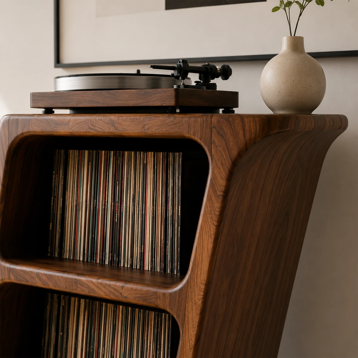 Curved Natural Solid Wood Vinyl Record Stand With Three Open Storage Shelves - ArborisWood - 6