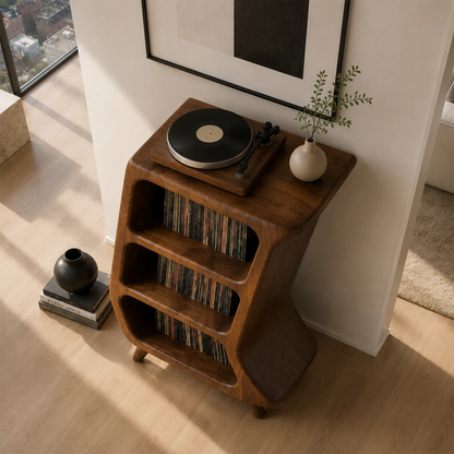 Curved Natural Solid Wood Vinyl Record Stand With Three Open Storage Shelves - ArborisWood - 7