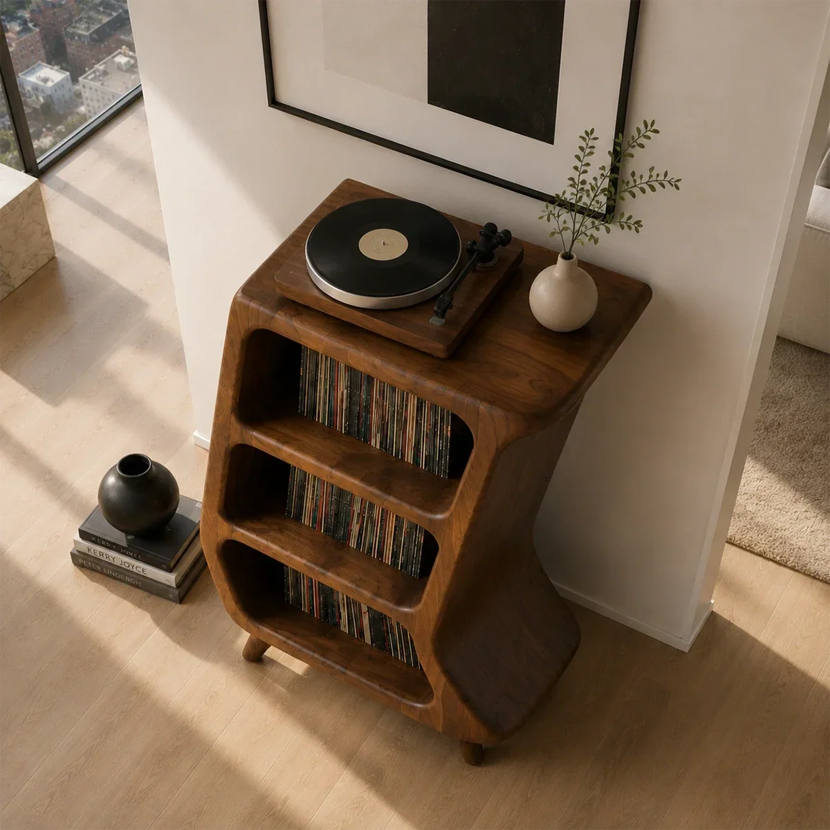 Curved Natural Solid Wood Vinyl Record Stand With Three Open Storage Shelves - Arboriswood - 7