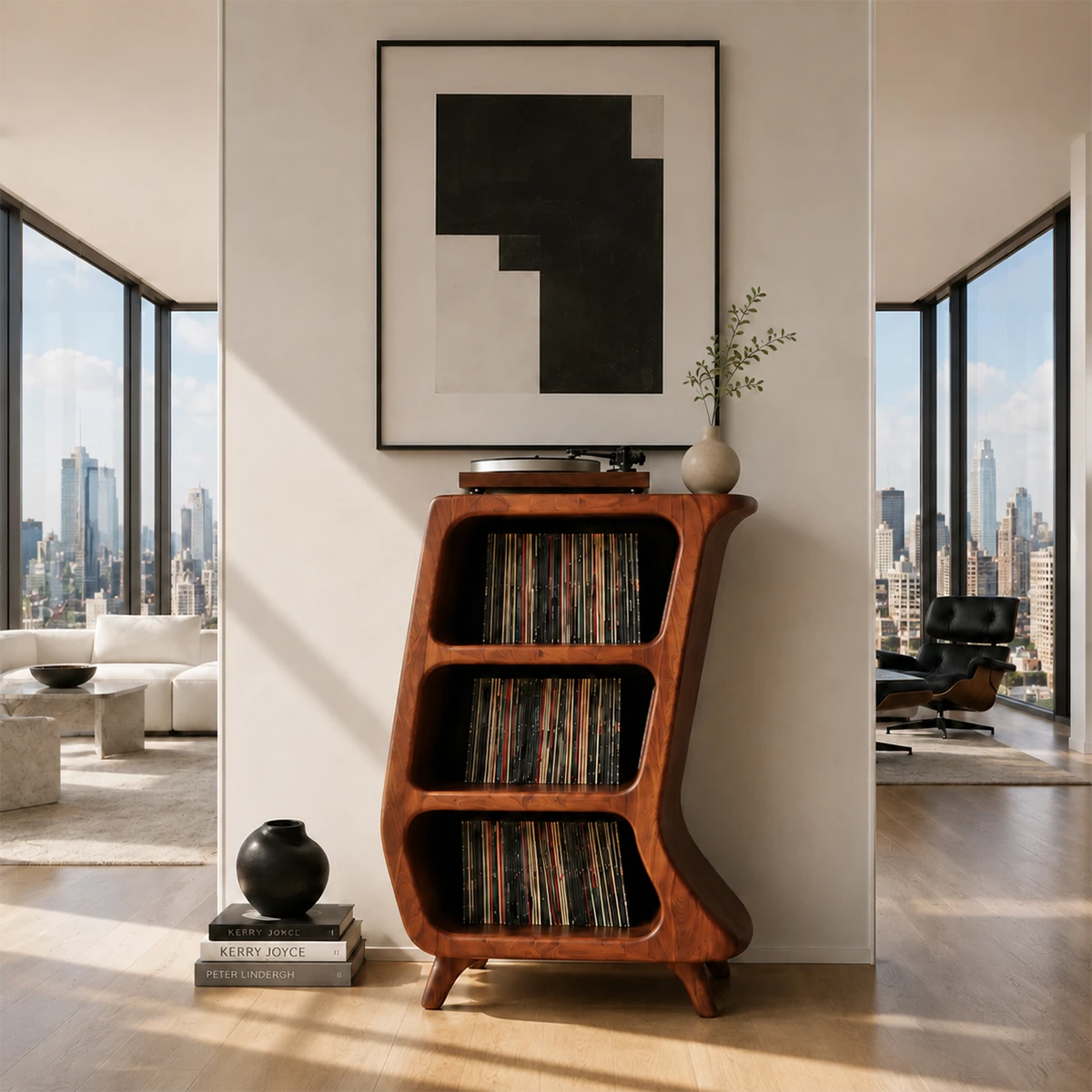Curved Natural Solid Wood Vinyl Record Stand With Three Open Storage Shelves - ArborisWood - 8