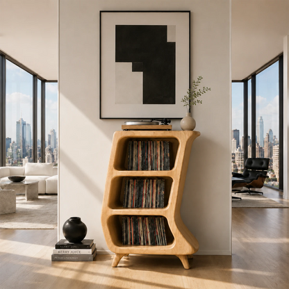 Curved Natural Solid Wood Vinyl Record Stand With Three Open Storage Shelves - ArborisWood - 9