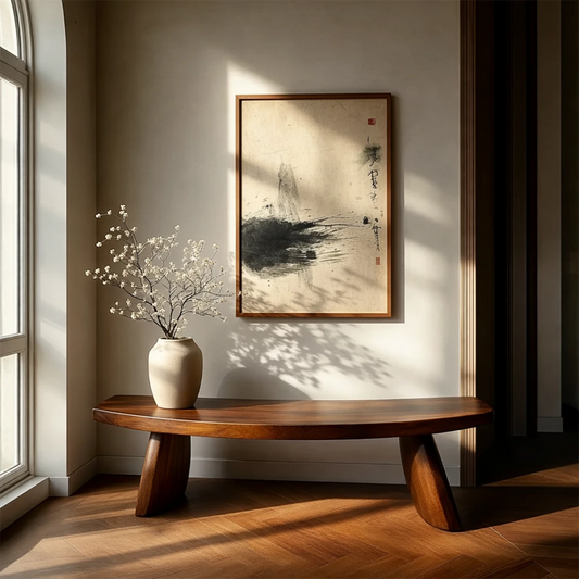 Curved organic bench featuring sculpted seat silhouette and smooth walnut tone finish entryway seating