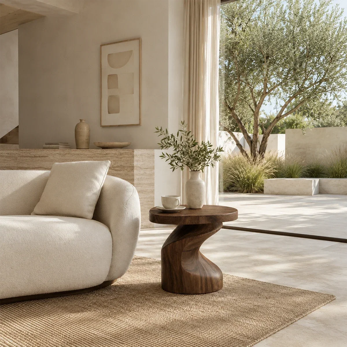 Sculptural end table with curved pedestal base and dark wood tone finish in a calm room