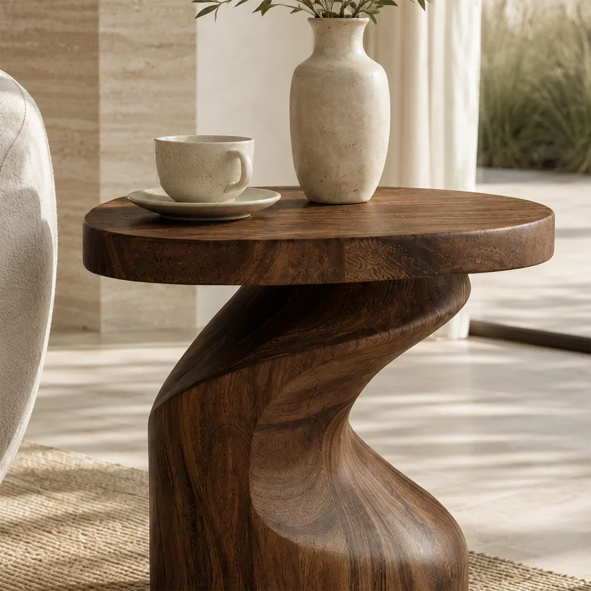 Accent end table featuring a rounded top and flowing support with visible wood grain