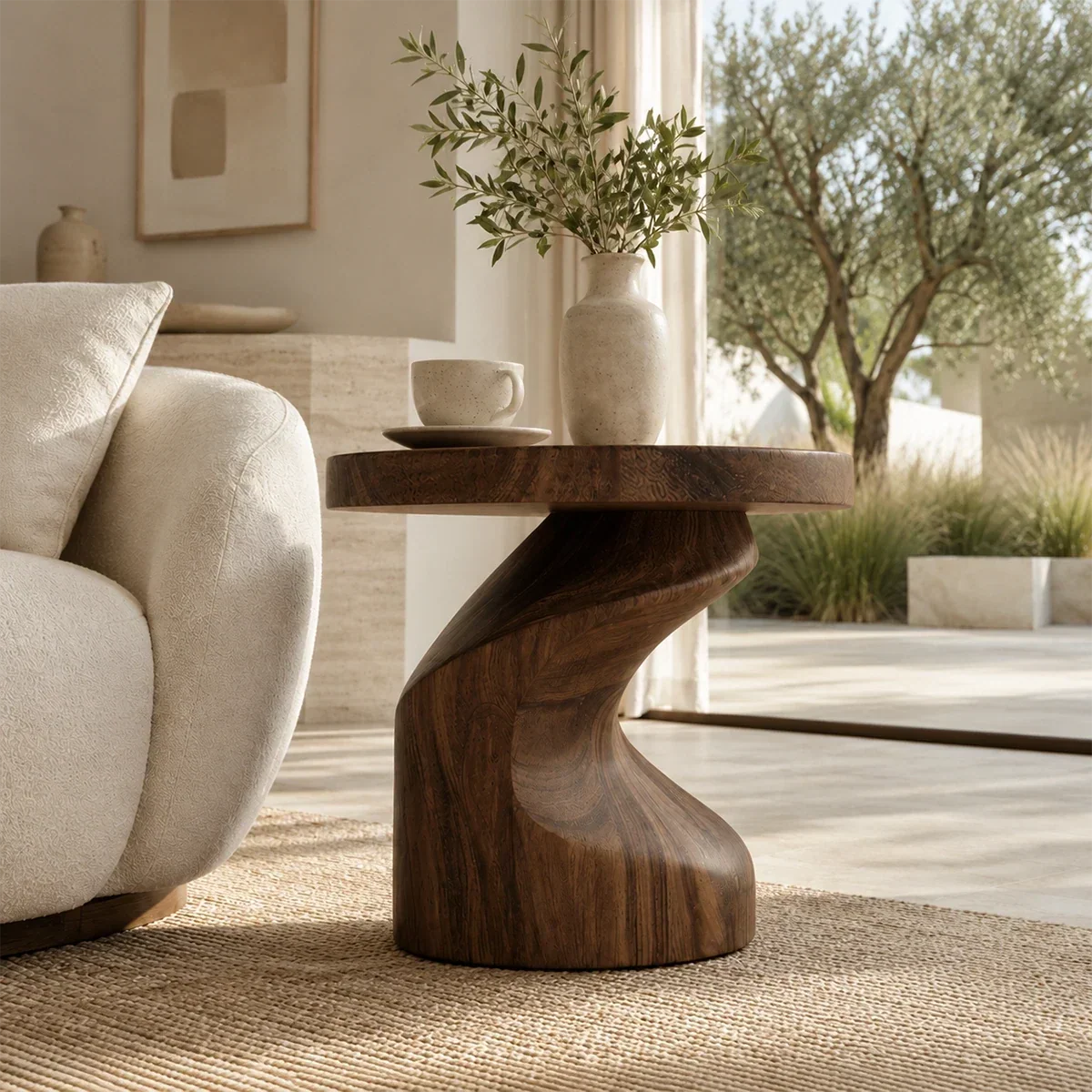 Designer side table with sculpted curves and compact surface for modern room styling
