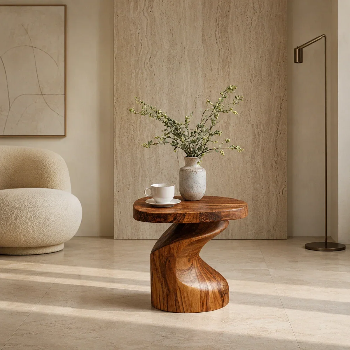 Curved side table adds organic form and practical surface to a serene living interior