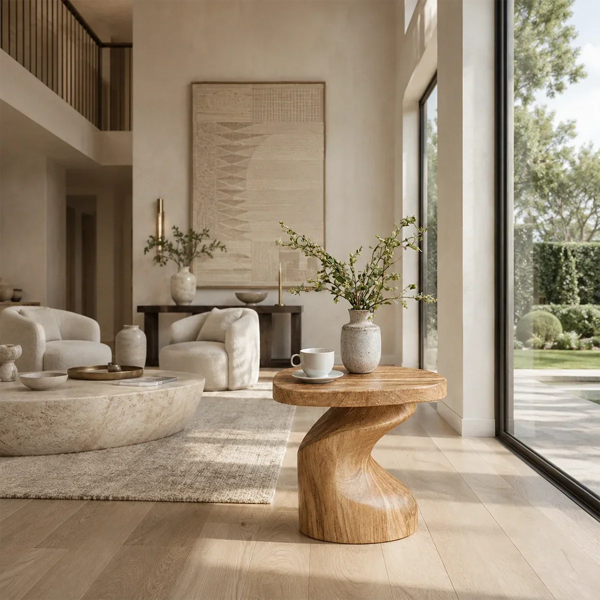 Statement end table with flowing lines and visible grain in a minimalist home setting
