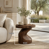 Contemporary end table showcases organic curves and rich wood tone in an airy room