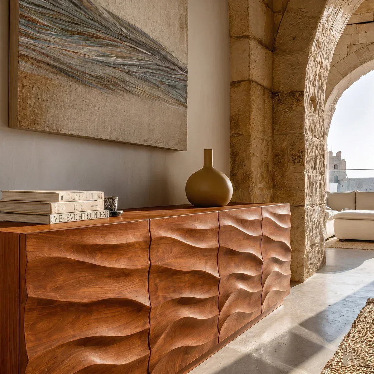 Curved Relief Sideboard Cabinet in Natural Solid Wood for Modern Spaces - ArborisWood - 4
