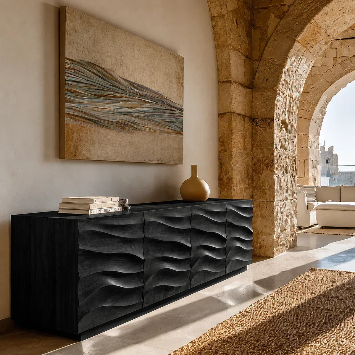 Curved Relief Sideboard Cabinet in Natural Solid Wood for Modern Spaces - ArborisWood - 9
