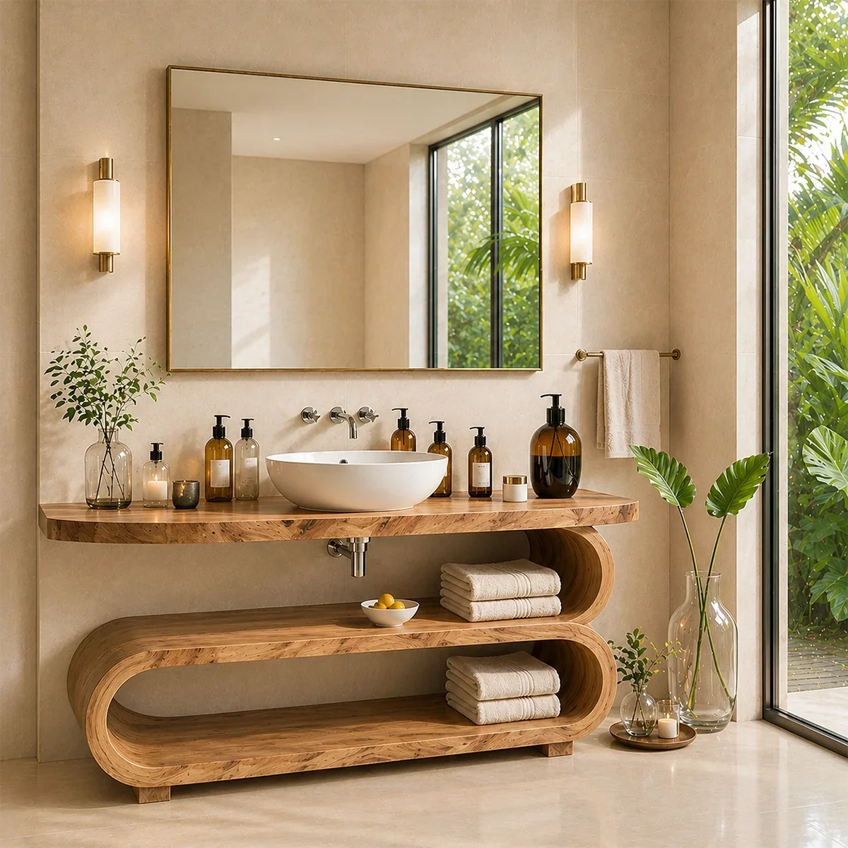 Curved Sculptural Bathroom Vanity Natural Solid Wood Freestanding Design - Arboriswood - 13