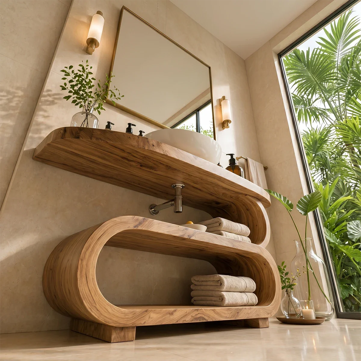 Curved Sculptural Bathroom Vanity Natural Solid Wood Freestanding Design - ArborisWood - 4