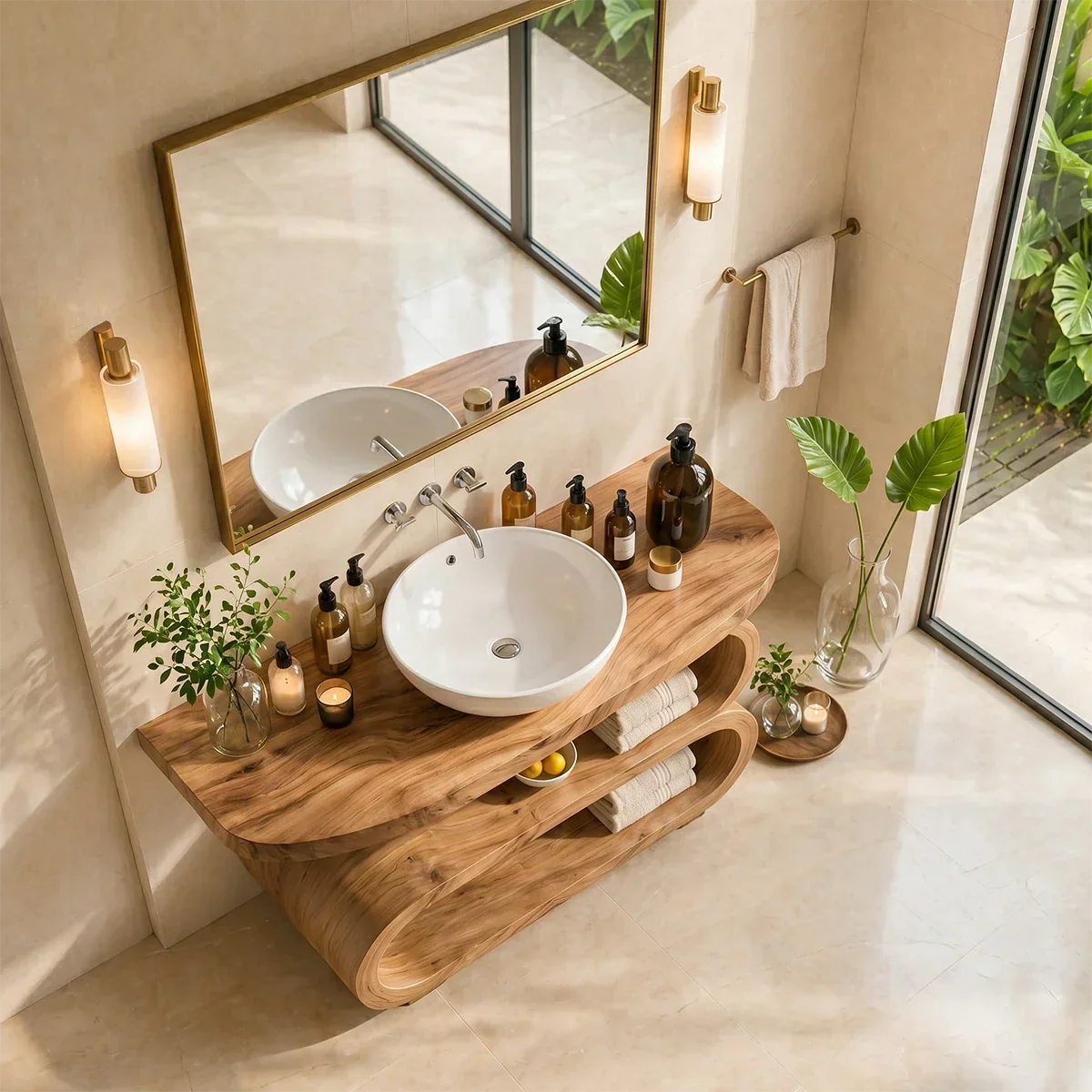 Curved Sculptural Bathroom Vanity Natural Solid Wood Freestanding Design - Arboriswood - 5