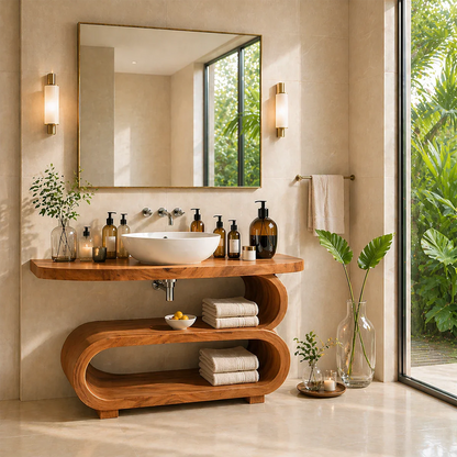 Curved Sculptural Bathroom Vanity Natural Solid Wood Freestanding Design - ArborisWood - 6