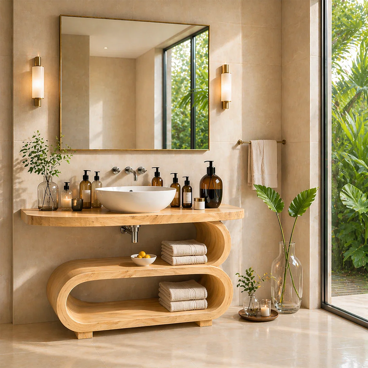 Curved Sculptural Bathroom Vanity Natural Solid Wood Freestanding Design - ArborisWood - 7