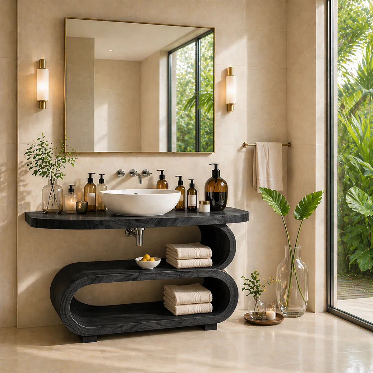 Curved Sculptural Bathroom Vanity Natural Solid Wood Freestanding Design - ArborisWood - 8