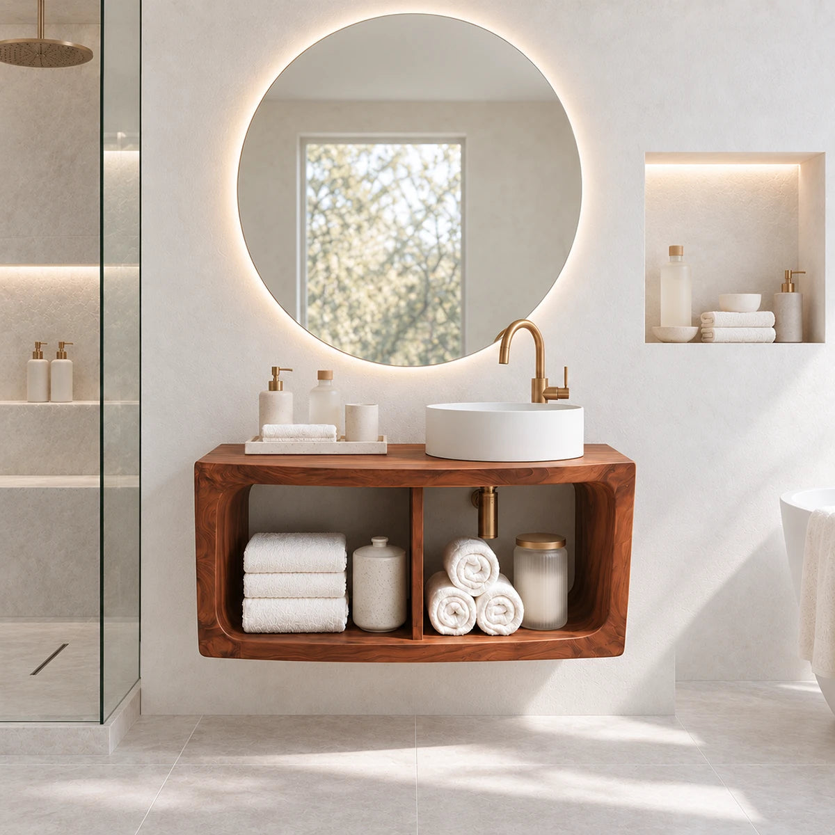 Clean lined bathroom vanity in natural solid wood with rounded frame profile detail